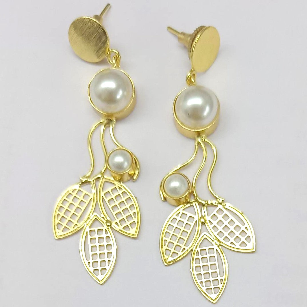 Bdiva 18K Gold Plated Light Weight Leaf Pearl Danglers.