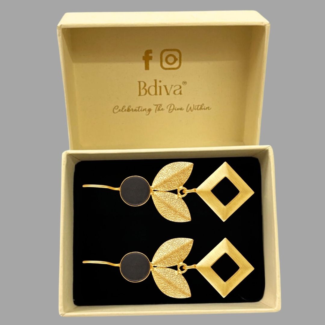 Bdiva 18K Gold Plated Modern Geometric Leaf Earrings with Black Circular Stone