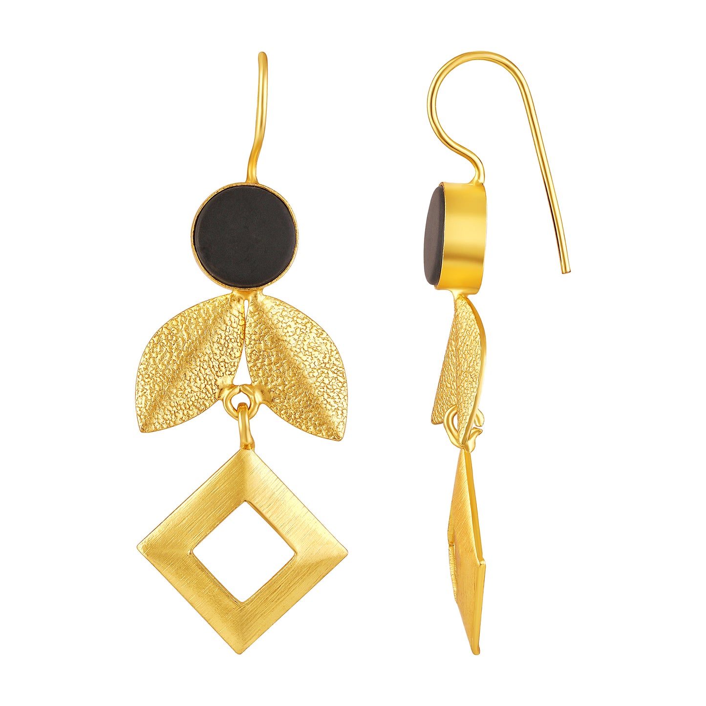 Bdiva 18K Gold Plated Modern Geometric Leaf Earrings with Black Circular Stone