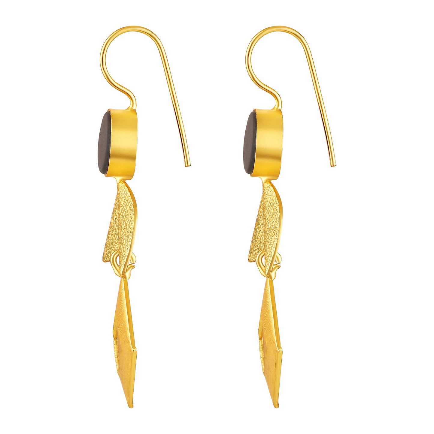 Bdiva 18K Gold Plated Modern Geometric Leaf Earrings with Black Circular Stone