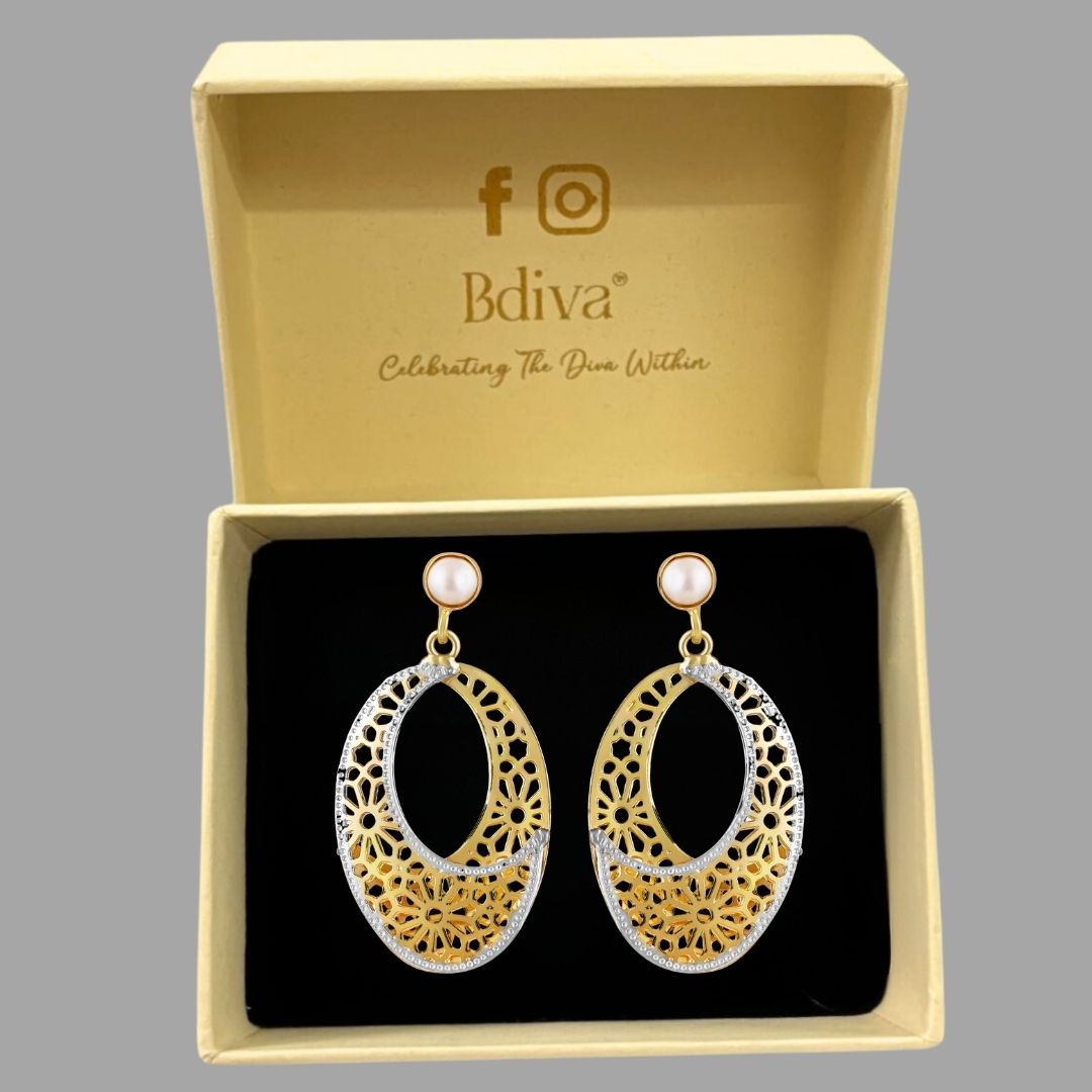 Bdiva Lightweight Dual-Tone Filigree Crescent Earrings with Elegance & Modern Glamour