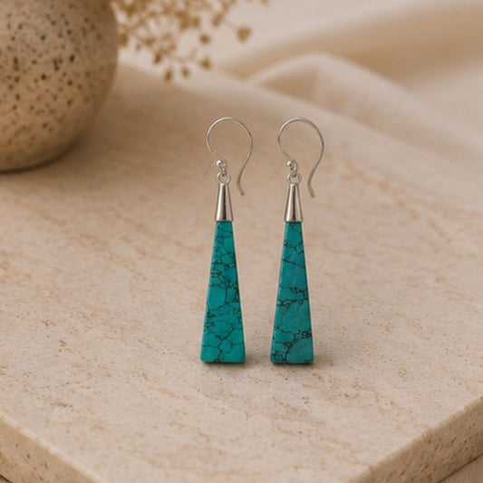Rhodium Plated Turquoise Stone Dangle Earrings