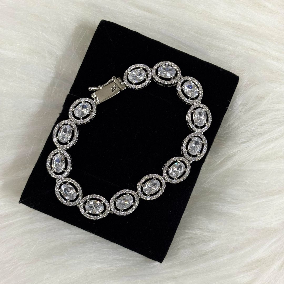 Bdiva Rhodium Plated Cubic Zirconia Stunning Oval Shaped Tennis Bracelet