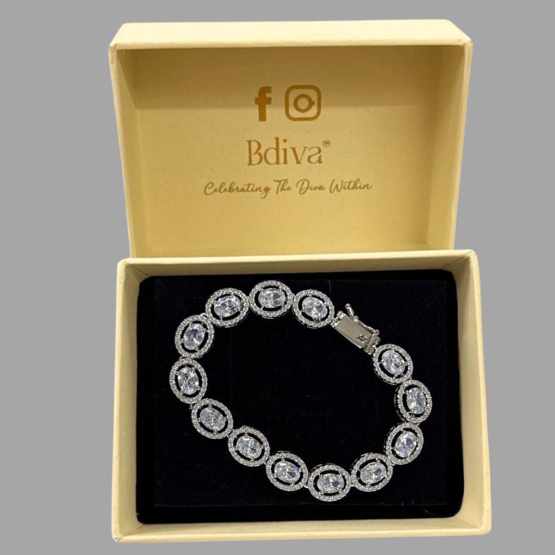 Bdiva Rhodium Plated Cubic Zirconia Stunning Oval Shaped Tennis Bracelet