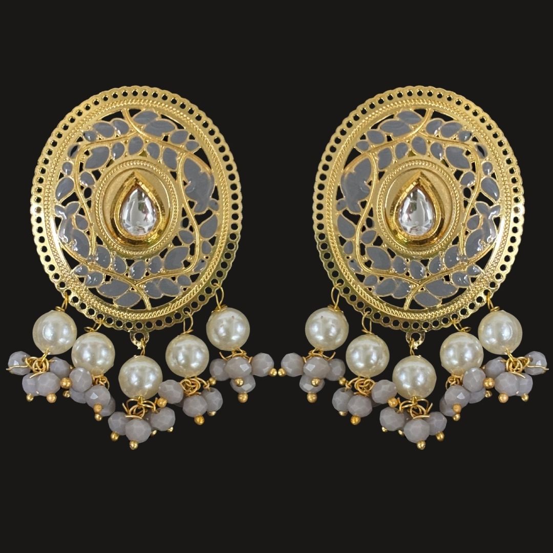 High-Quality Gold-Plated Studs with Grey Enamel & Semi-Cultured Pearls