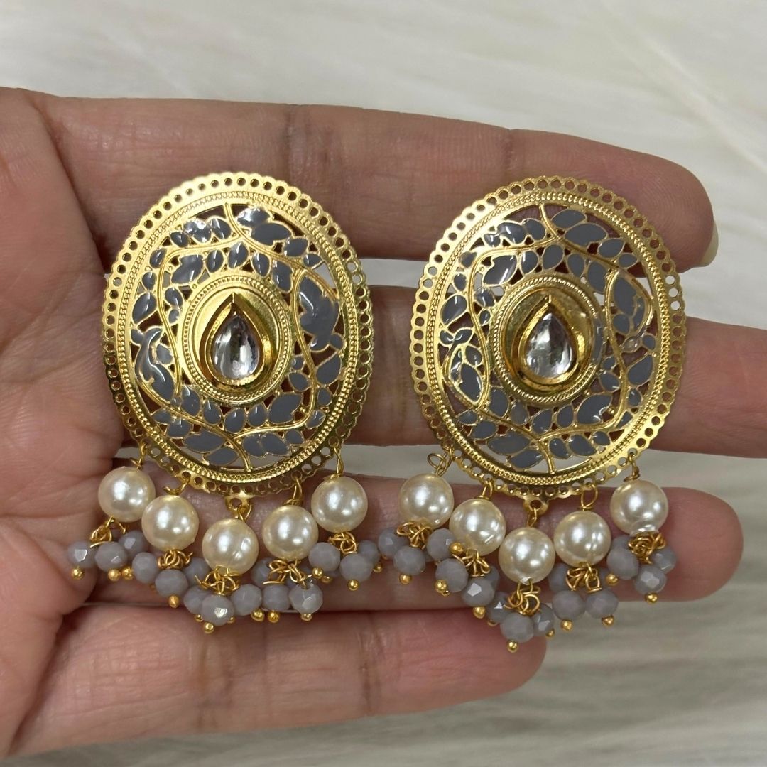 High-Quality Gold-Plated Studs with Grey Enamel & Semi-Cultured Pearls