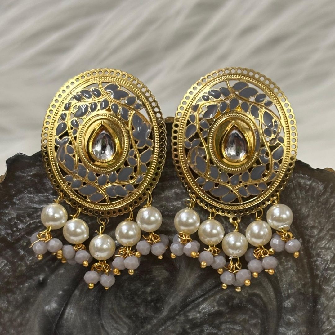 High-Quality Gold-Plated Studs with Grey Enamel & Semi-Cultured Pearls