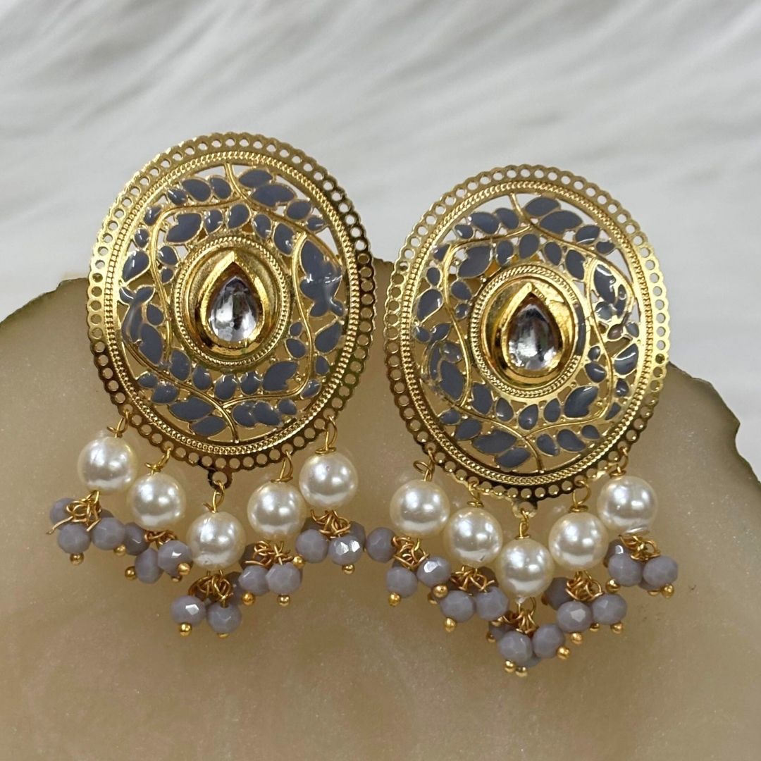 High-Quality Gold-Plated Studs with Grey Enamel & Semi-Cultured Pearls