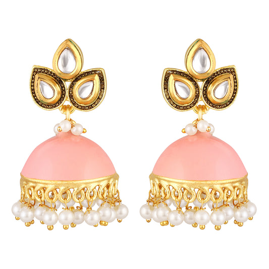 Bdiva 18K Gold Plated Kundan Pink Enamelled Earrings with Semi Cultured Pearls.