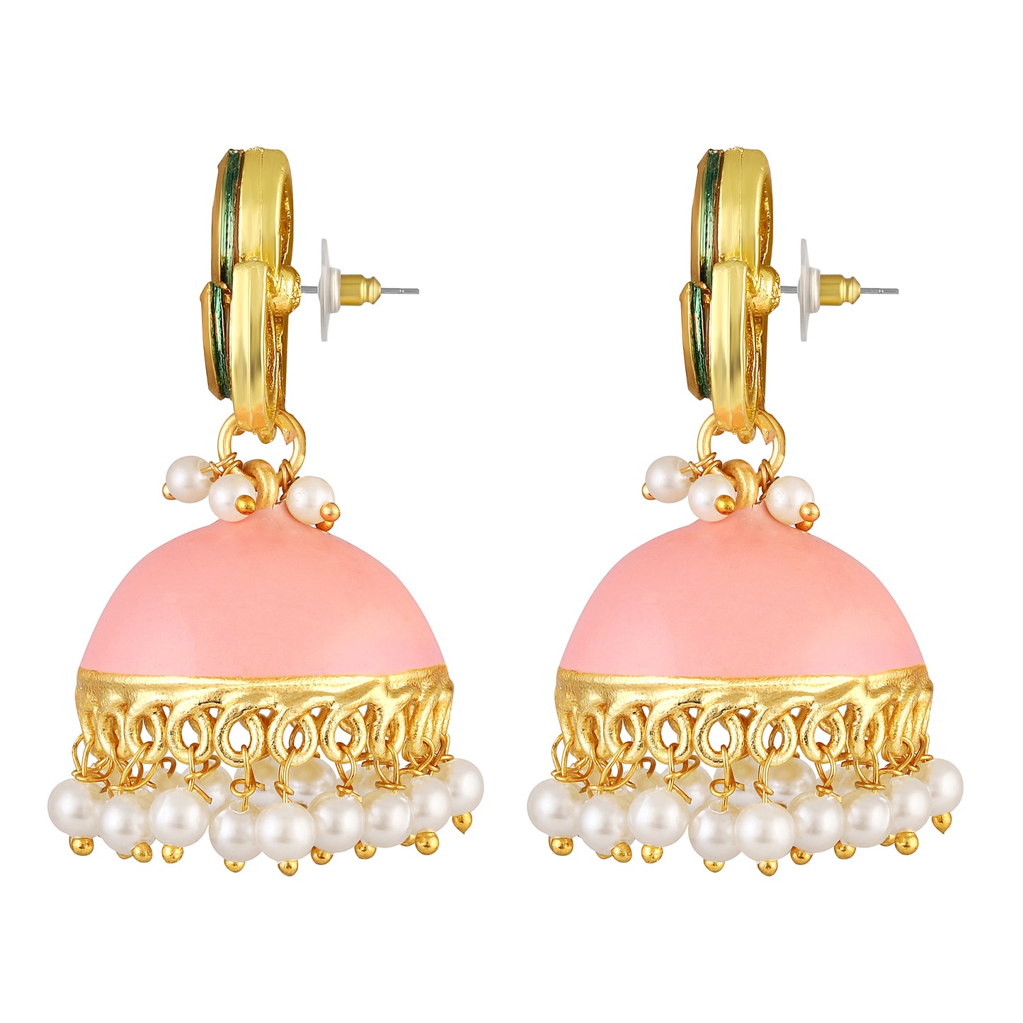 Bdiva 18K Gold Plated Kundan Pink Enamelled Earrings with Semi Cultured Pearls.