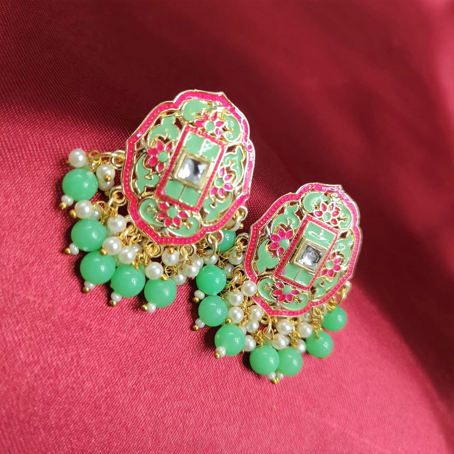Bdiva 18K Gold Plated Green Meenakari Earrings.
