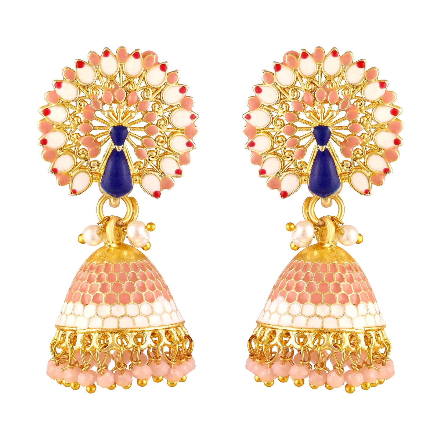 BDiva 18k Gold Plated Graceful Fusion of Pastel Hues Earrings Blush Peach Peacock Jhumka