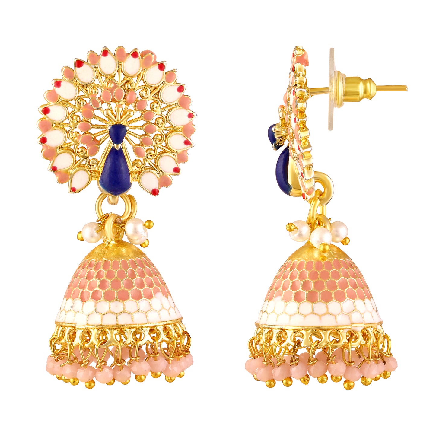 BDiva 18k Gold Plated Graceful Fusion of Pastel Hues Earrings Blush Peach Peacock Jhumka