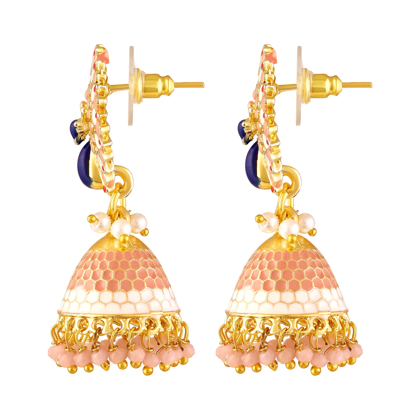 BDiva 18k Gold Plated Graceful Fusion of Pastel Hues Earrings Blush Peach Peacock Jhumka