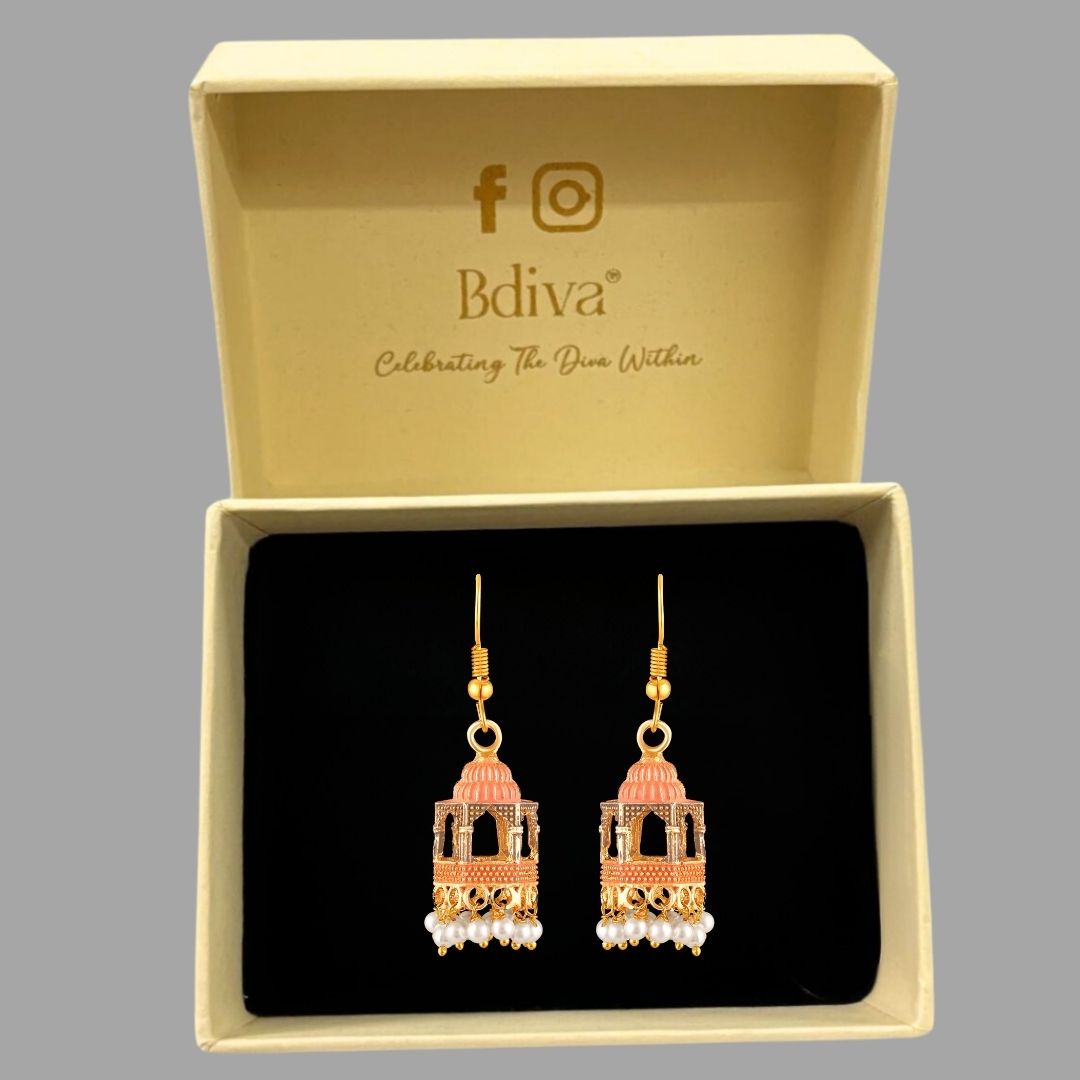 BDiva 18k Gold Plated Blush Dome Dangle Earrings with a Blend of Heritage and Modern Flair