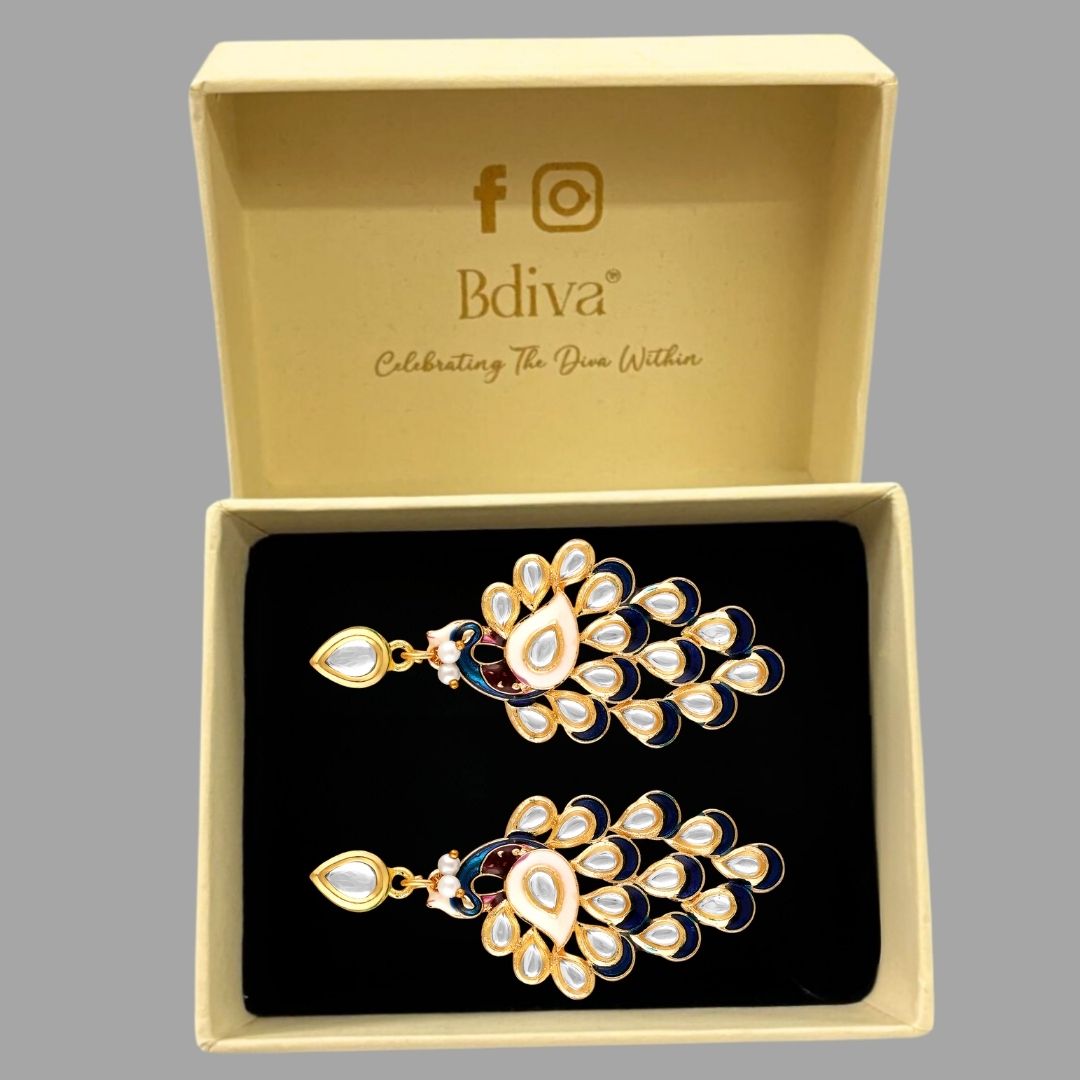 BDiva 18k Gold Plated Regal Peacock Drop Earrings with a Symphony of Royal Elegance