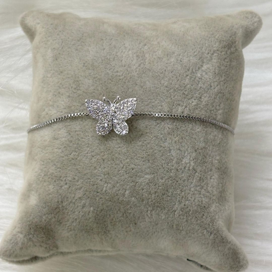 Bdiva Adjustable Rhodium-Plated Butterfly Bracelet with Cubic Zirconia