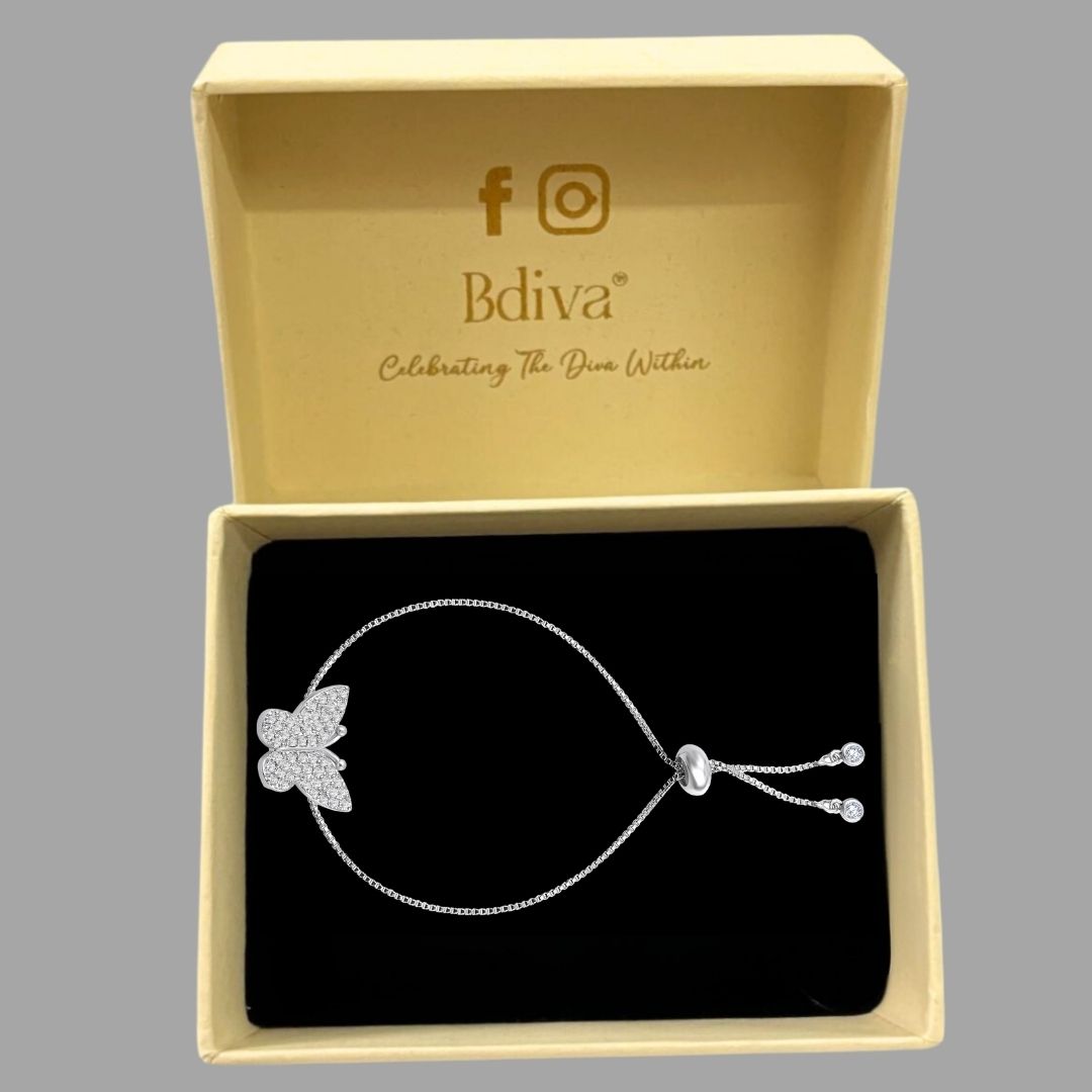 Bdiva Adjustable Rhodium-Plated Butterfly Bracelet with Cubic Zirconia