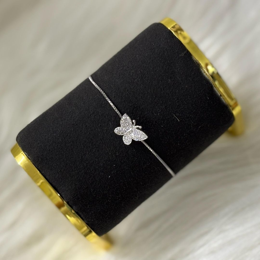 Bdiva Adjustable Rhodium-Plated Butterfly Bracelet with Cubic Zirconia