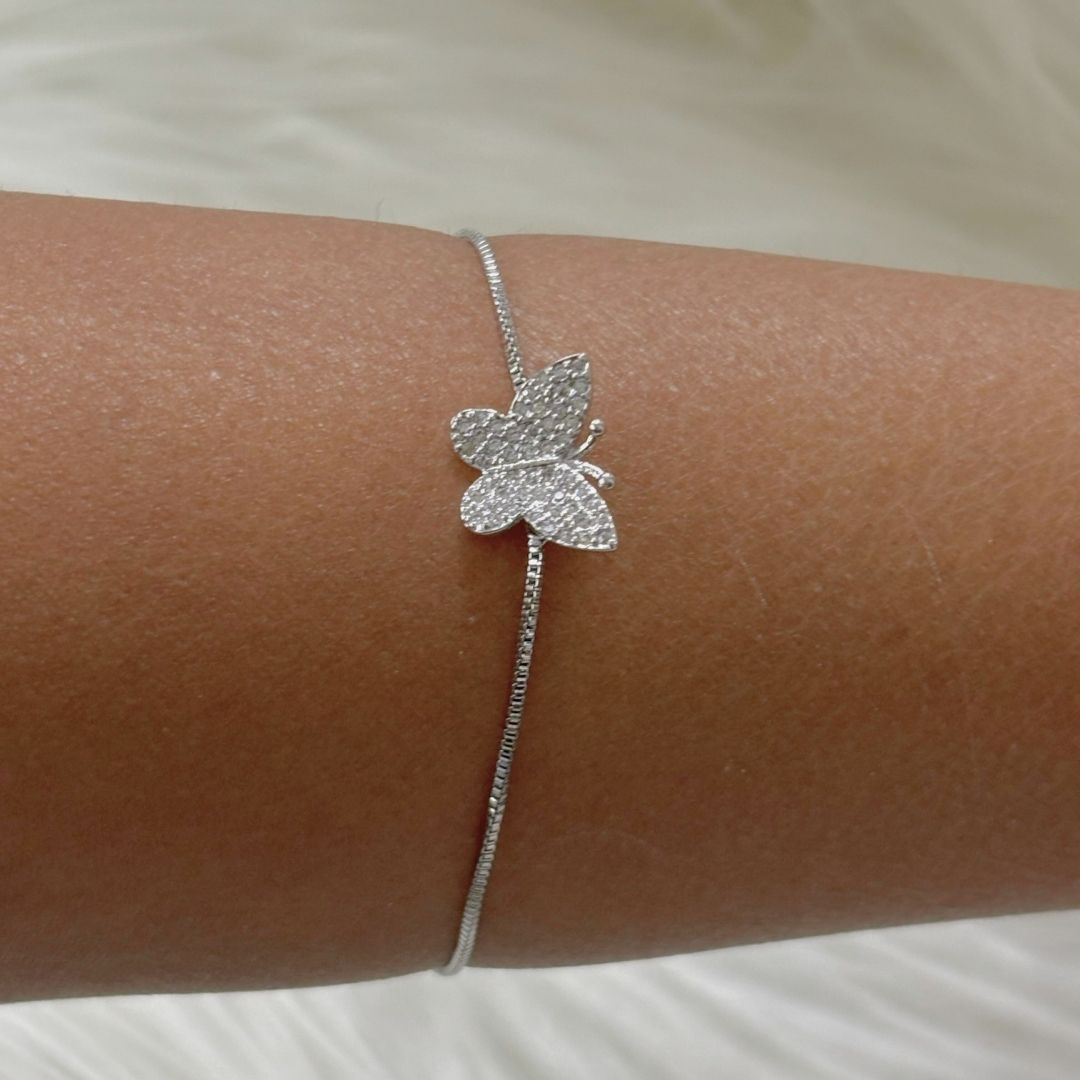 Bdiva Adjustable Rhodium-Plated Butterfly Bracelet with Cubic Zirconia