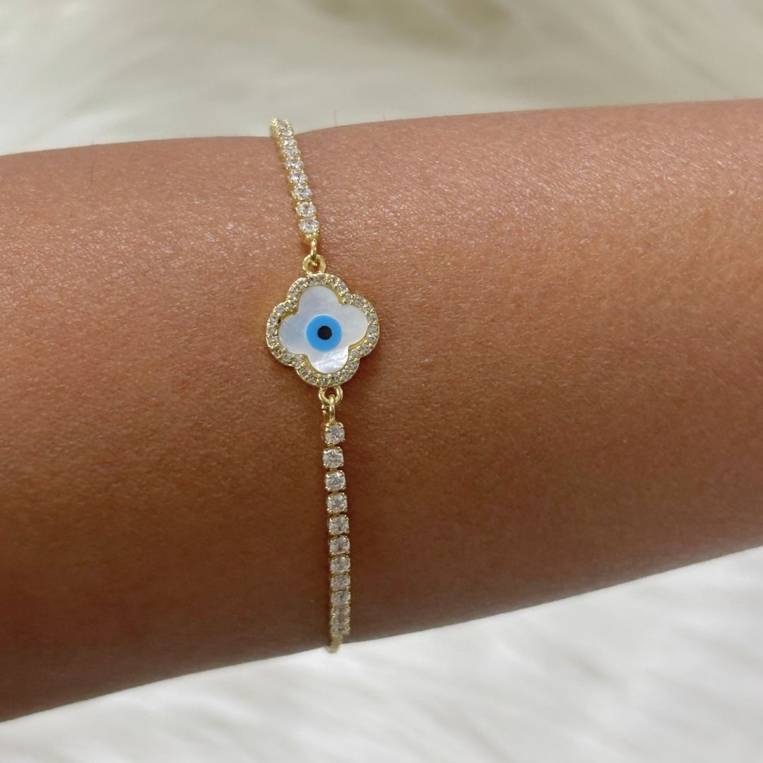 Bdiva 18k Gold Plated Adjustable Evil Eye Bracelet with Cubic Zirconia