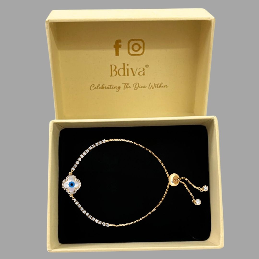 Bdiva 18k Gold Plated Adjustable Evil Eye Bracelet with Cubic Zirconia