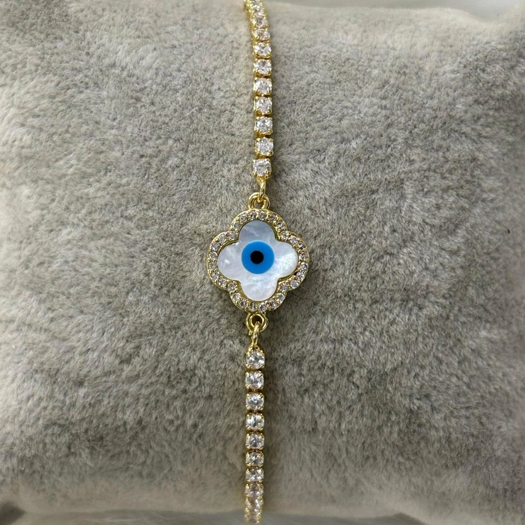 Bdiva 18k Gold Plated Adjustable Evil Eye Bracelet with Cubic Zirconia