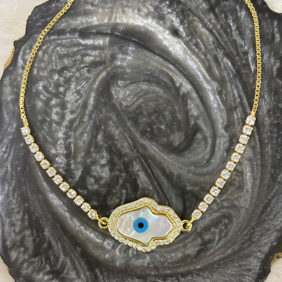 Adjustable Evil Eye Hamsa Bracelet with Cubic Zirconia