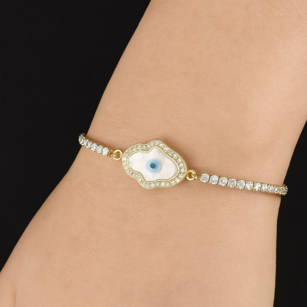 Adjustable Evil Eye Hamsa Bracelet with Cubic Zirconia