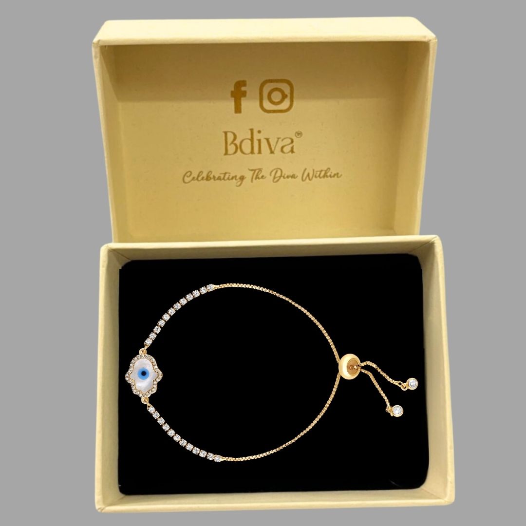 Bdiva 18k Gold Plated Adjustable Evil Eye Hamsa Bracelet with Cubic Zirconia