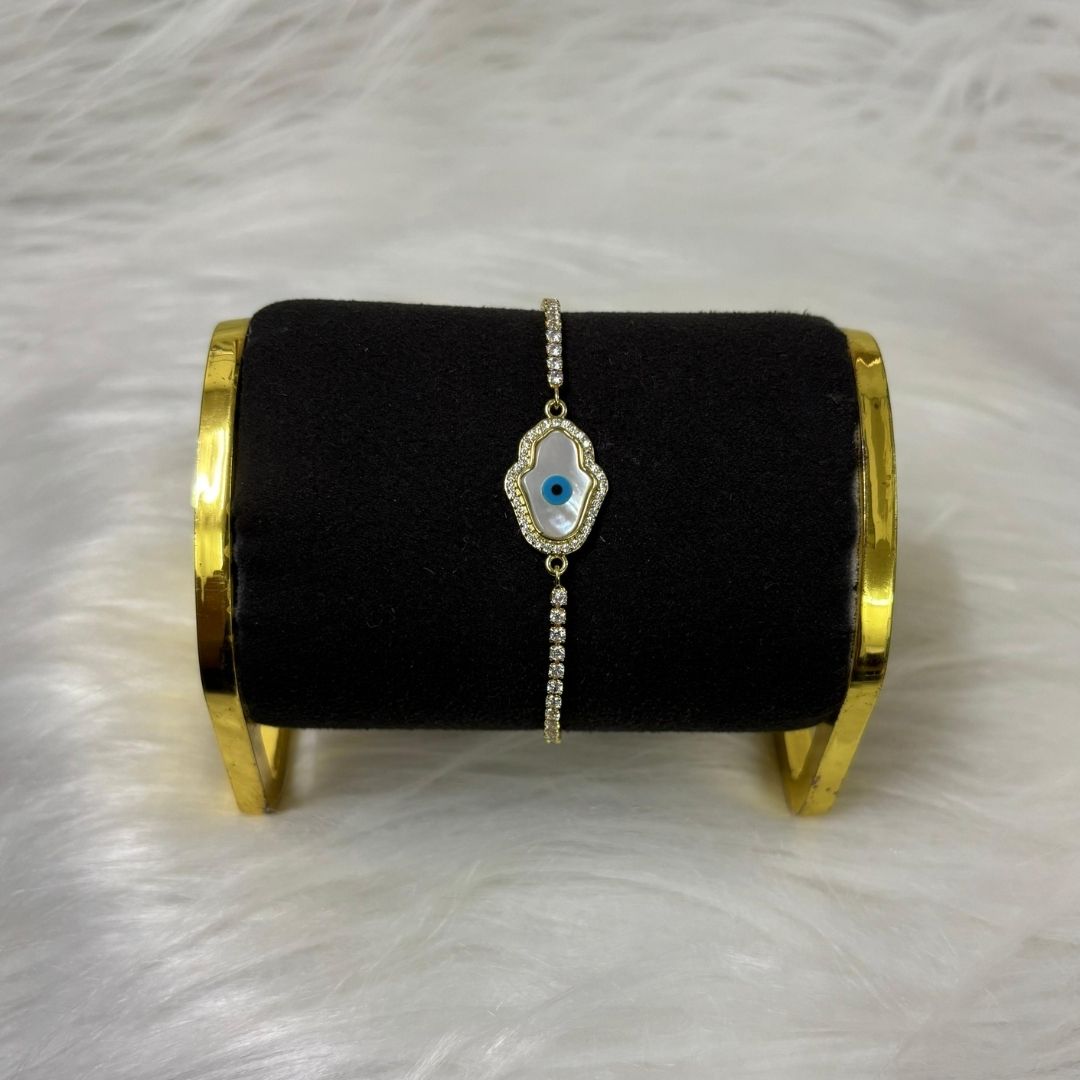 Adjustable Evil Eye Hamsa Bracelet with Cubic Zirconia