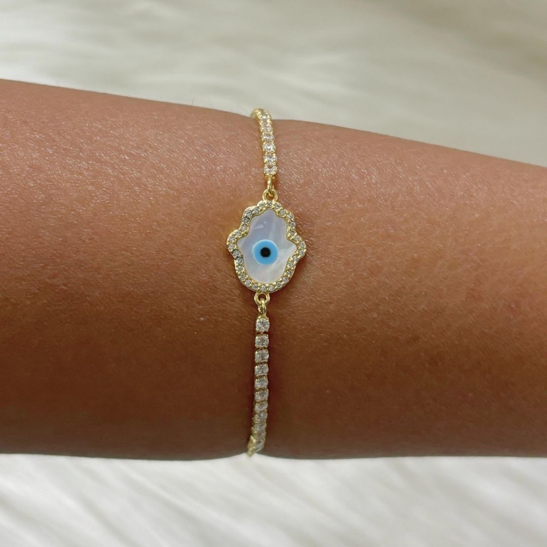 Bdiva 18k Gold Plated Adjustable Evil Eye Hamsa Bracelet with Cubic Zirconia