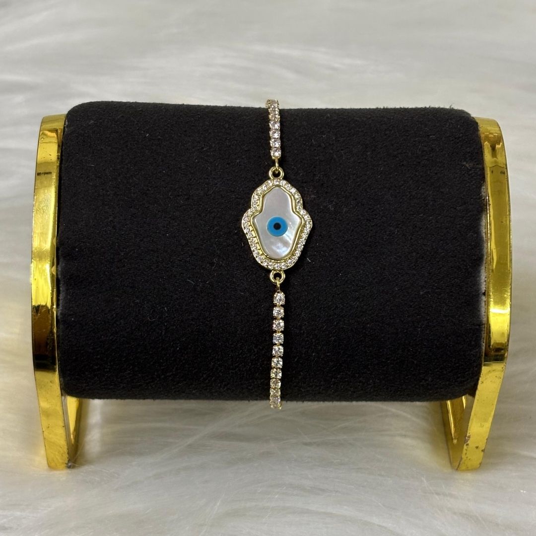 Adjustable Evil Eye Hamsa Bracelet with Cubic Zirconia