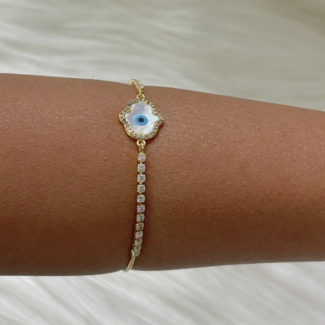 Bdiva 18k Gold Plated Adjustable Evil Eye Hamsa Bracelet with Cubic Zirconia