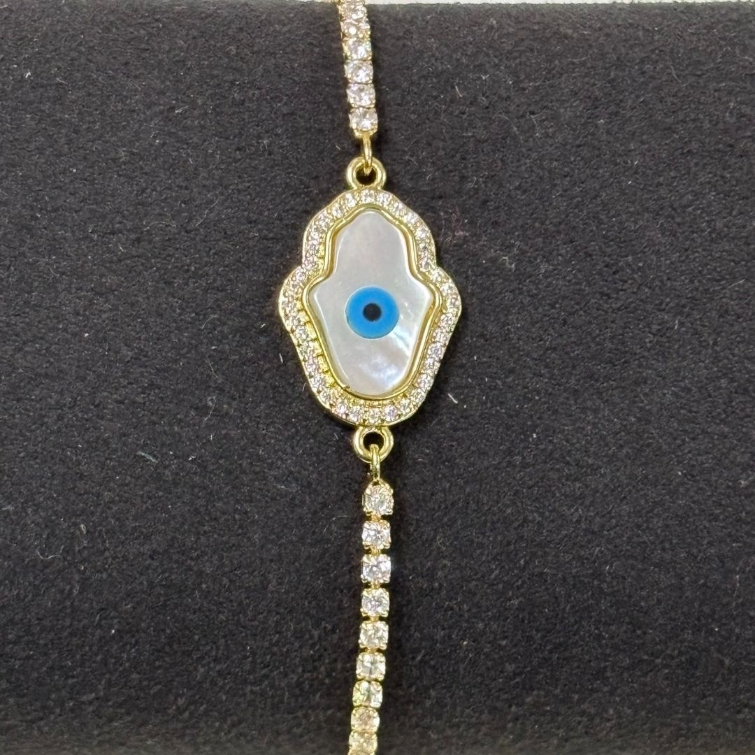Adjustable Evil Eye Hamsa Bracelet with Cubic Zirconia