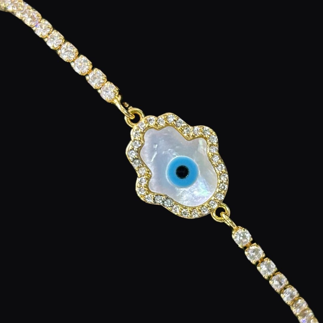 Bdiva 18k Gold Plated Adjustable Evil Eye Hamsa Bracelet with Cubic Zirconia