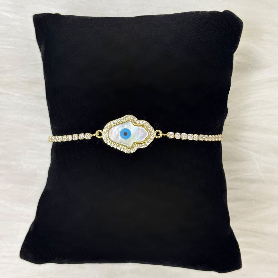Adjustable Evil Eye Hamsa Bracelet with Cubic Zirconia
