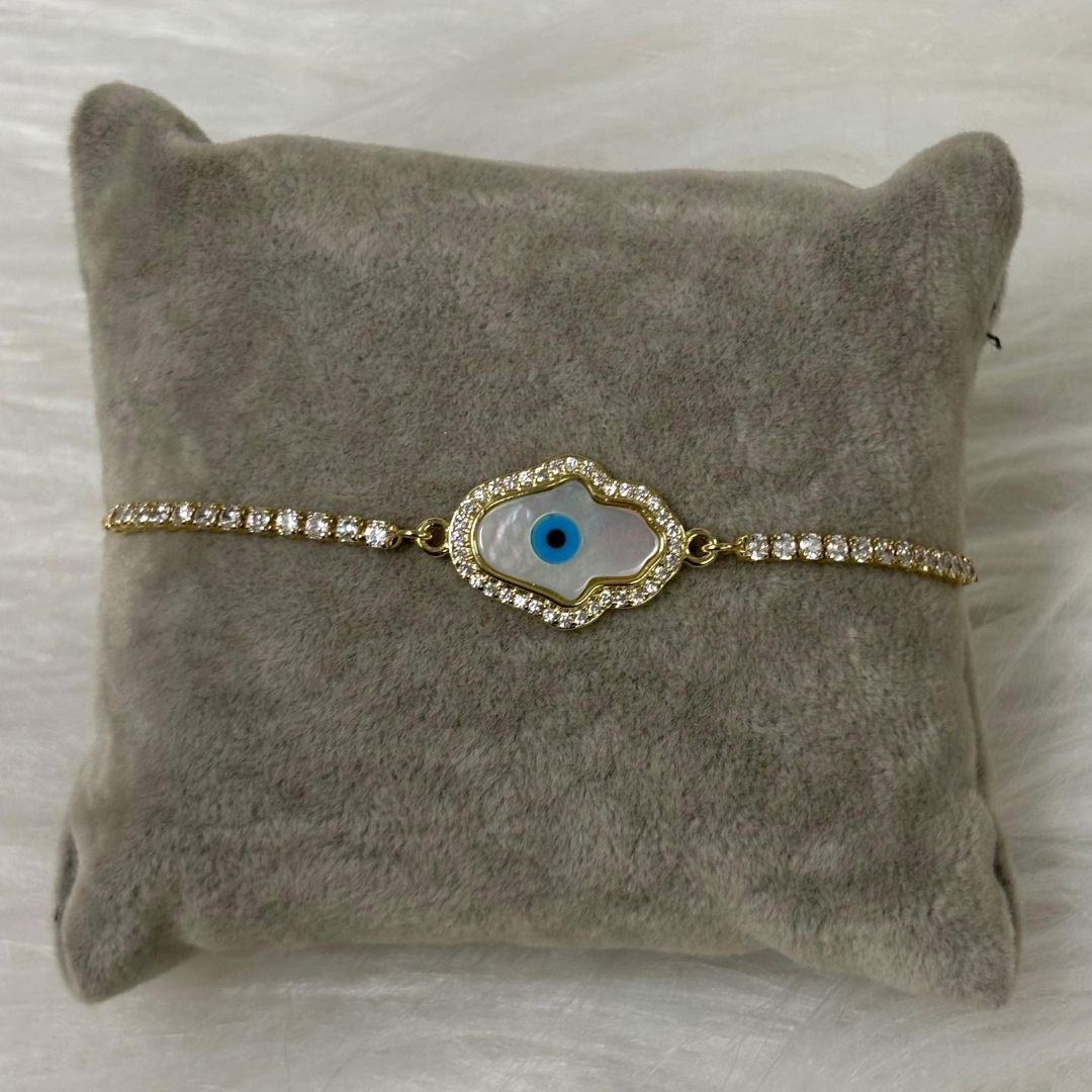 Adjustable Evil Eye Hamsa Bracelet with Cubic Zirconia