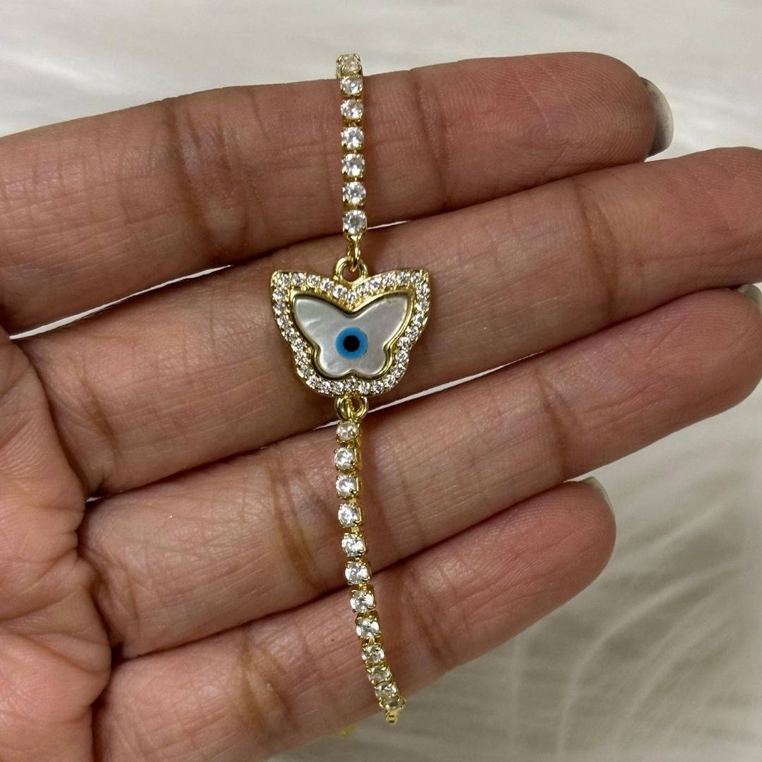 Adjustable Evil Eye Butterfly Bracelet with Cubic Zirconia