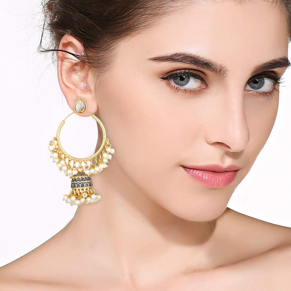 Bdiva 18K Gold Plated Grey Hoops Kundan Meenakari Earrings with Semi Cultured Pearls.