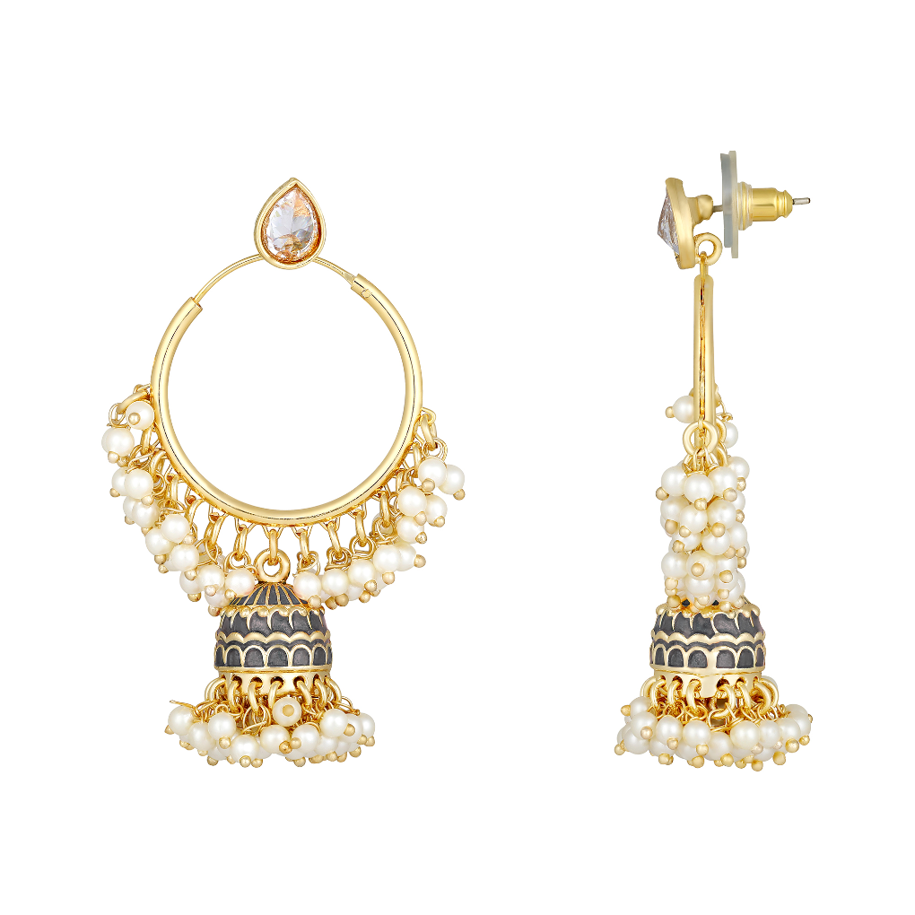 Bdiva 18K Gold Plated Grey Hoops Kundan Meenakari Earrings with Semi Cultured Pearls.