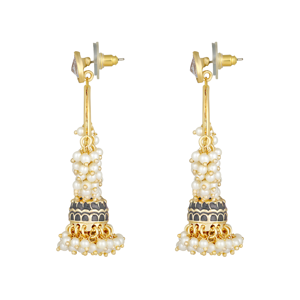 Bdiva 18K Gold Plated Grey Hoops Kundan Meenakari Earrings with Semi Cultured Pearls.