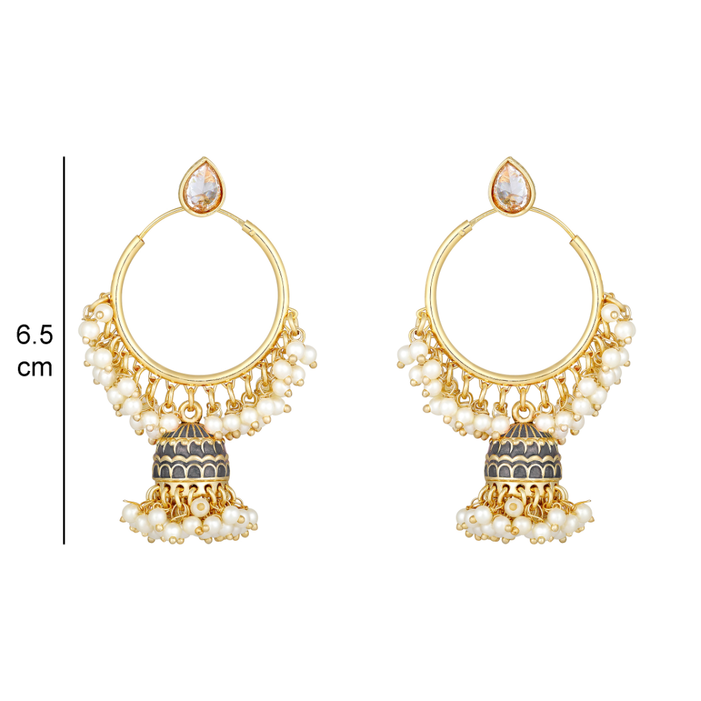 Bdiva 18K Gold Plated Grey Hoops Kundan Meenakari Earrings with Semi Cultured Pearls.