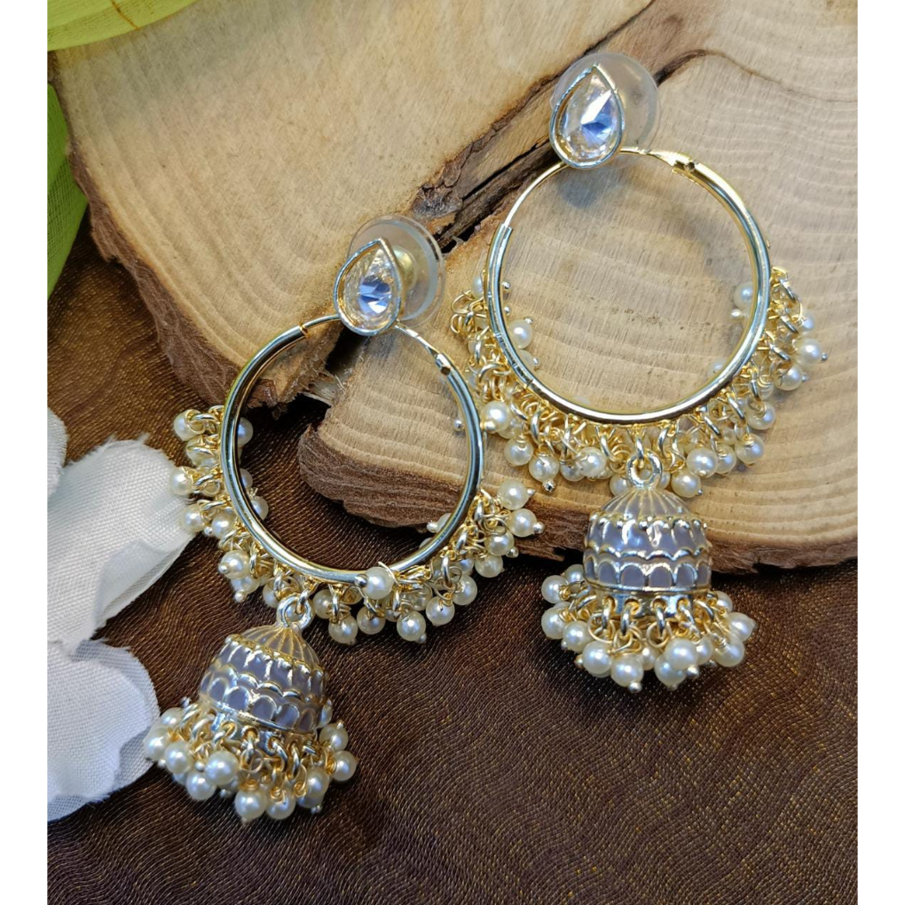 Bdiva 18K Gold Plated Grey Hoops Kundan Meenakari Earrings with Semi Cultured Pearls.