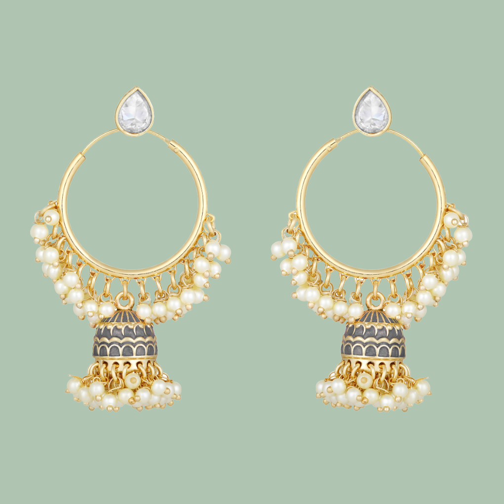Bdiva 18K Gold Plated Grey Hoops Kundan Meenakari Earrings with Semi Cultured Pearls.