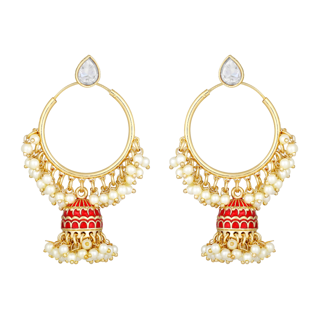 Bdiva 18K Gold Plated Red Hoops Kundan Meenakari Earrings with Semi Cultured Pearls.
