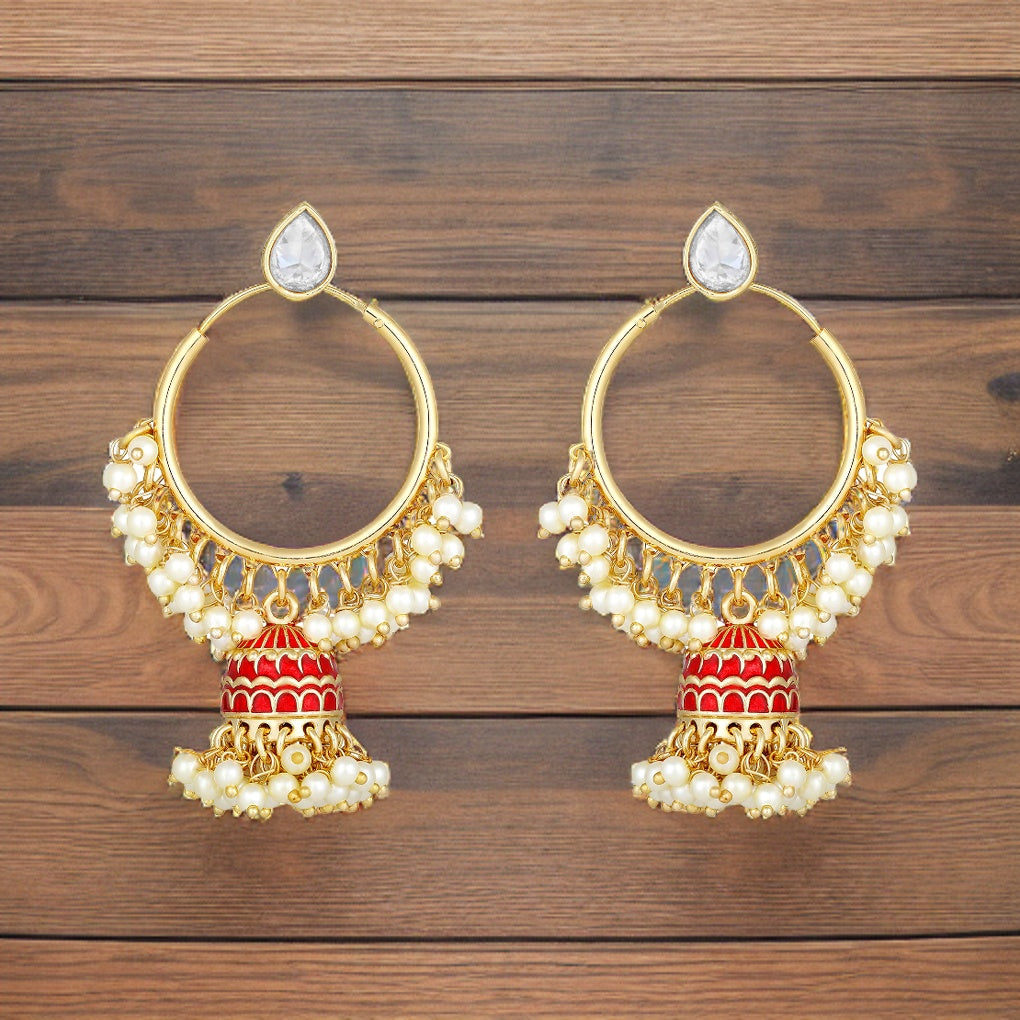 Bdiva 18K Gold Plated Red Hoops Kundan Meenakari Earrings with Semi Cultured Pearls.