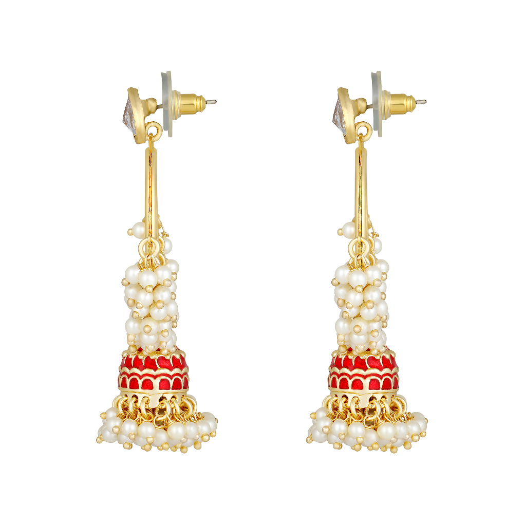 Bdiva 18K Gold Plated Red Hoops Kundan Meenakari Earrings with Semi Cultured Pearls.