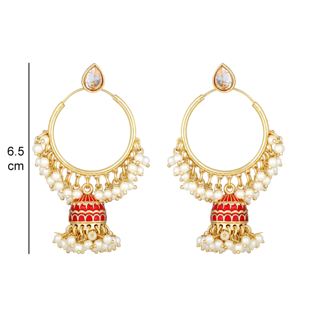 Bdiva 18K Gold Plated Red Hoops Kundan Meenakari Earrings with Semi Cultured Pearls.