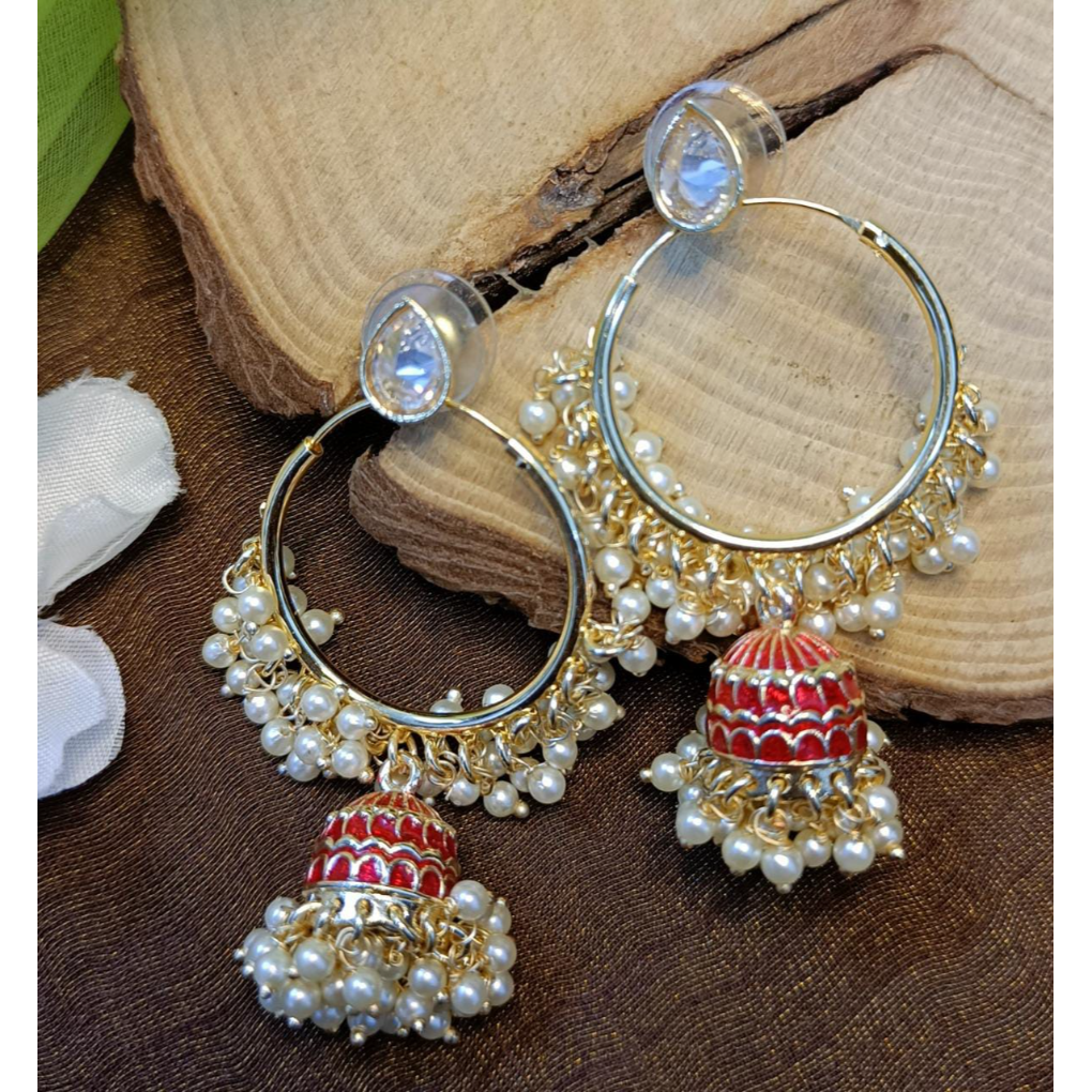 Bdiva 18K Gold Plated Red Hoops Kundan Meenakari Earrings with Semi Cultured Pearls.